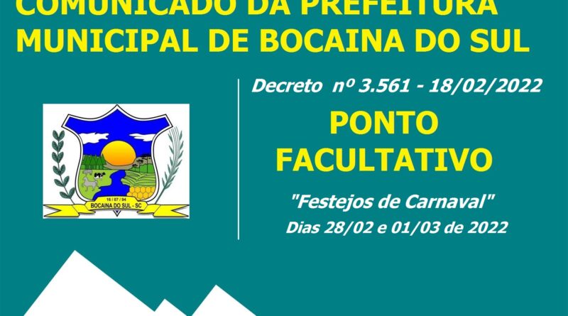 Ponto Facultativo nos dias 28/02 e 01/03 de 2022.