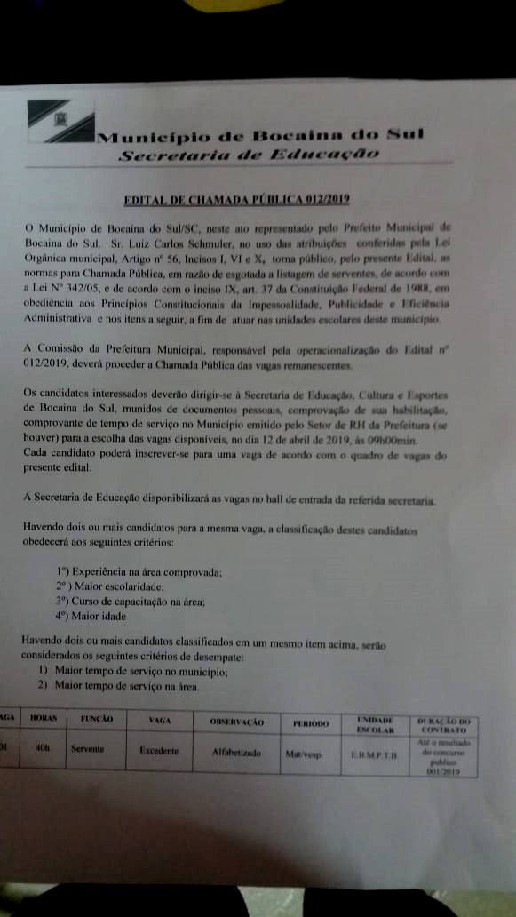 Chamada Pública Nº 0122019 Prefeitura De Bocaina Do Sul 3238