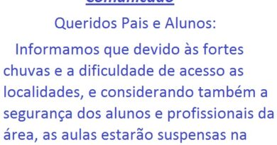 Aulas suspensas devido as chuvas.