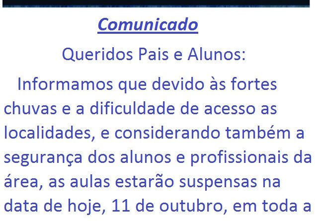 Aulas suspensas devido as chuvas.